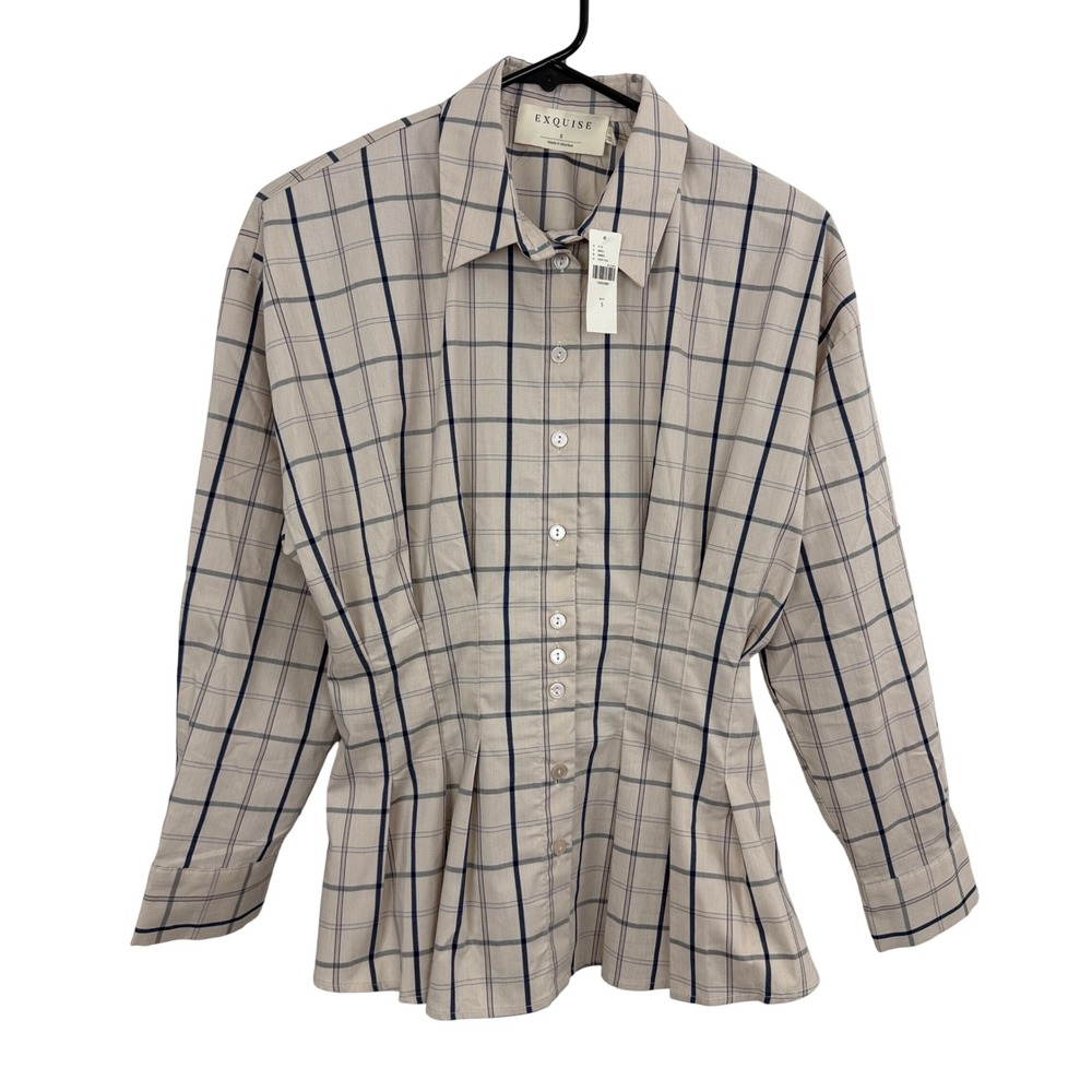 Exquise Tobie Shirt Womens Small Ecru Plaid Pleated Button Front Long Sleeve